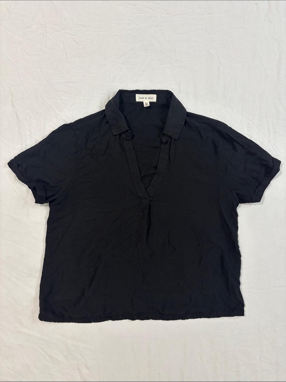 Cloth & Stone Collared Short Sleeve Black Shirt with a V-Neck